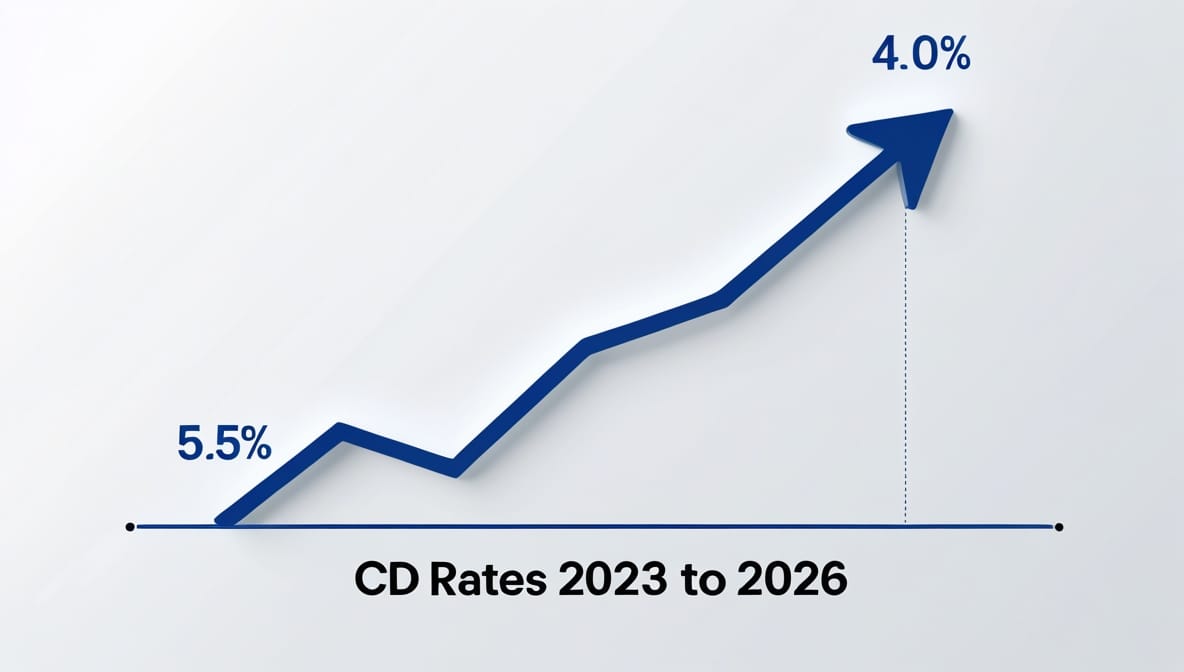CD rate decline chart from 2023 to 2026 showing rates dropping from 5.5% to 4.0%